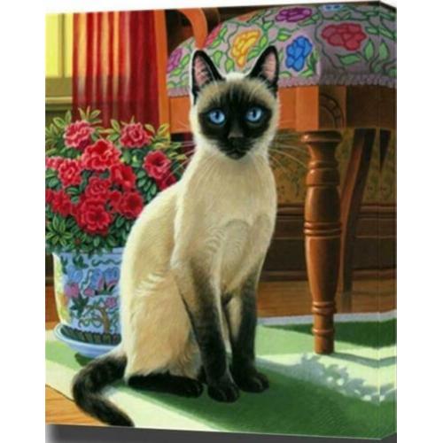 4166 schilderen op nummer siamese kat bij stoel en bloemen