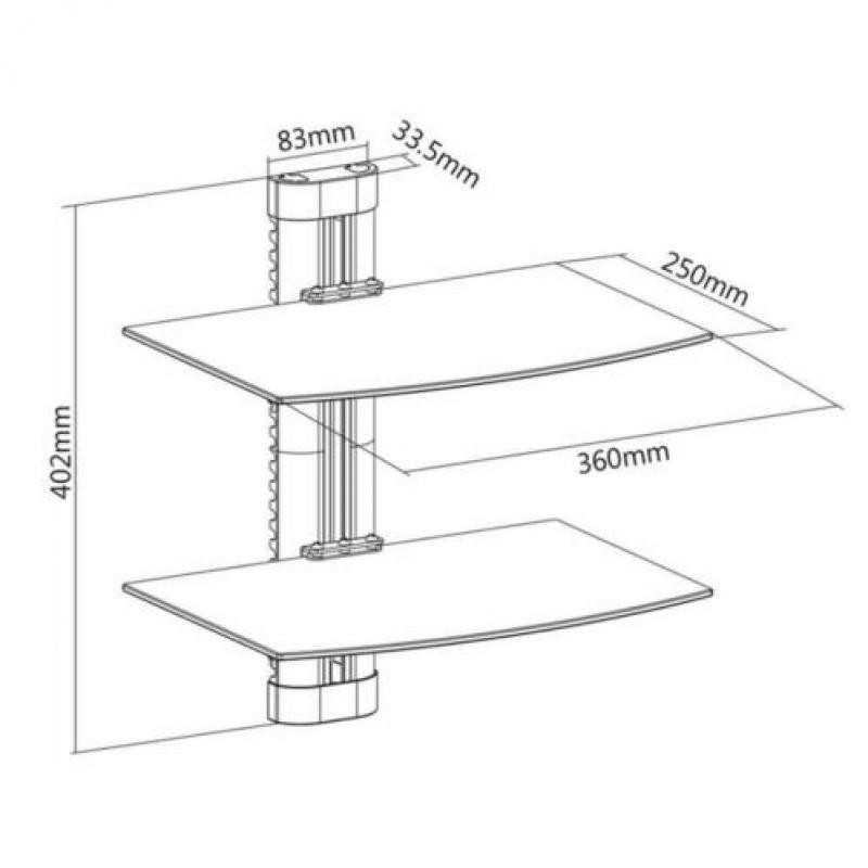 Wandbeugel met 2 planken voor DVD of Tuner Maclean glas