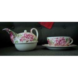 Tea for one. Theepotje met kop en schotel.