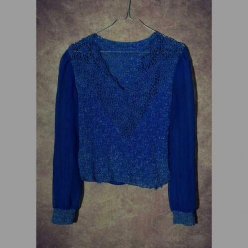 T_012) Vintage 80's koningsblauwe V-hals glitter blouse/top