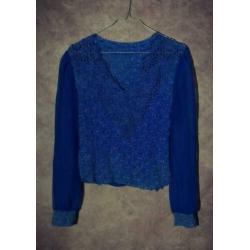 T_012) Vintage 80's koningsblauwe V-hals glitter blouse/top