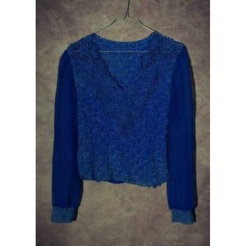 T_012) Vintage 80's koningsblauwe V-hals glitter blouse/top