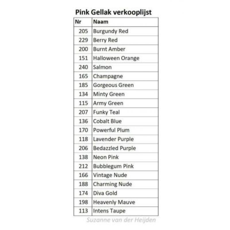 21 ongebruikte kleuren van Pink Gellac
