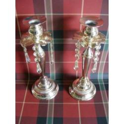 Kandelaars met glas druppels Twee zilver kleurige