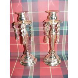 Kandelaars met glas druppels Twee zilver kleurige