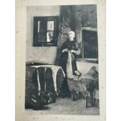 Antieke Prent 1907 C. Bisschop Zonnig Plekje AFM vel 46x36cm