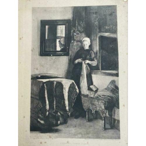 Antieke Prent 1907 C. Bisschop Zonnig Plekje AFM vel 46x36cm