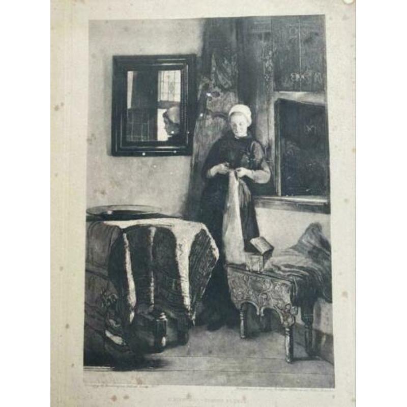 Antieke Prent 1907 C. Bisschop Zonnig Plekje AFM vel 46x36cm