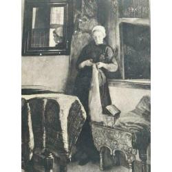 Antieke Prent 1907 C. Bisschop Zonnig Plekje AFM vel 46x36cm