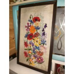 Vintage brocant bloemen borduur in lijst