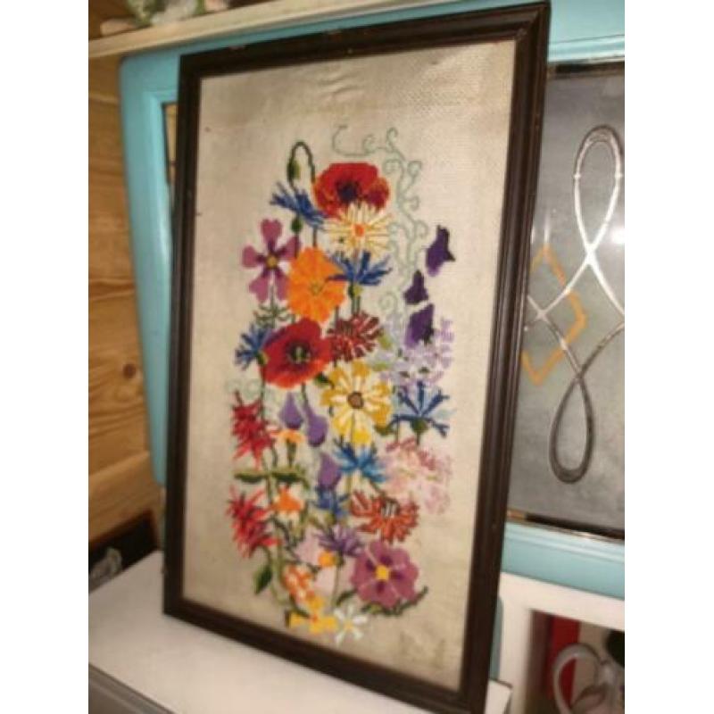 Vintage brocant bloemen borduur in lijst