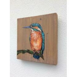 Handgeschilderd schilderij 2 x ijsvogel op steigerhout