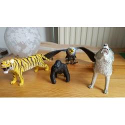 4 grote dieren, leeuwin, orang oetang, roofvogel, wilde hond