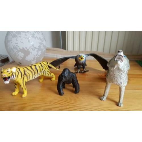 4 grote dieren, leeuwin, orang oetang, roofvogel, wilde hond