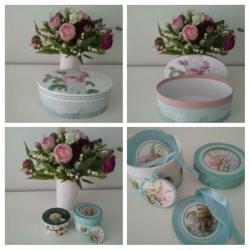 Franse stoffen doos en meer dozen in hout/raffia/sierkarton