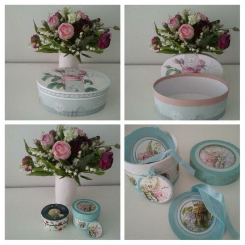Franse stoffen doos en meer dozen in hout/raffia/sierkarton