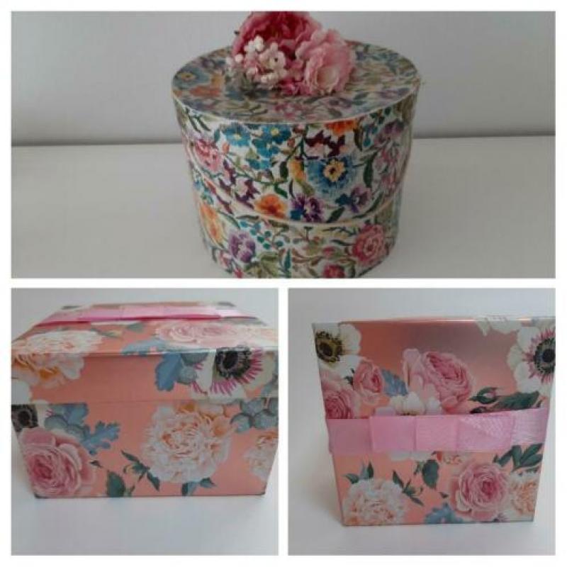 Franse stoffen doos en meer dozen in hout/raffia/sierkarton