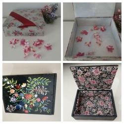 Franse stoffen doos en meer dozen in hout/raffia/sierkarton