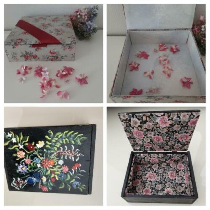 Franse stoffen doos en meer dozen in hout/raffia/sierkarton