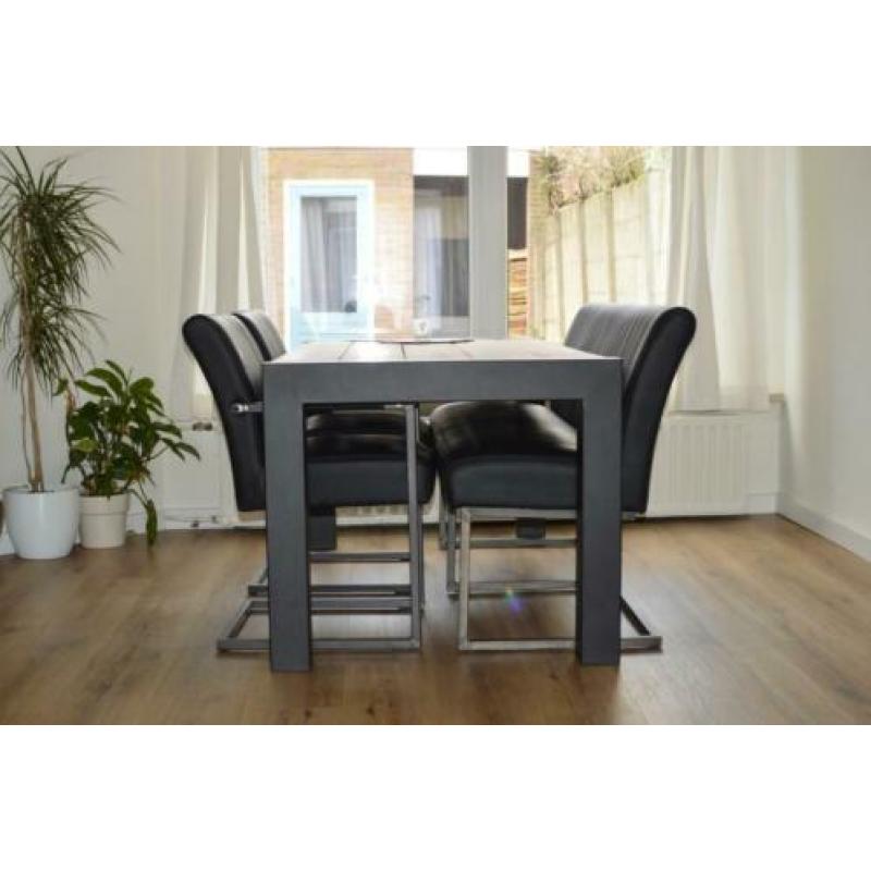 Eetkamer bank + 2 stoelen met leuning antraciet zwart metaal