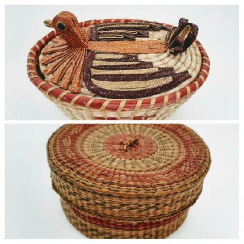 Franse stoffen doos en meer dozen in hout/raffia/sierkarton