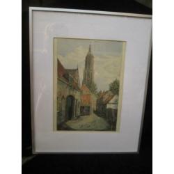 Gekleurde Ets van de Cunerakerk te Rhenen 60,5 x 48,5