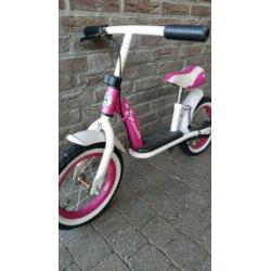 Loopfiets roze wit met verstelbaar zadel en handrem 12 inch