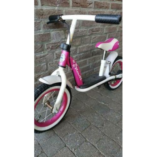 Loopfiets roze wit met verstelbaar zadel en handrem 12 inch