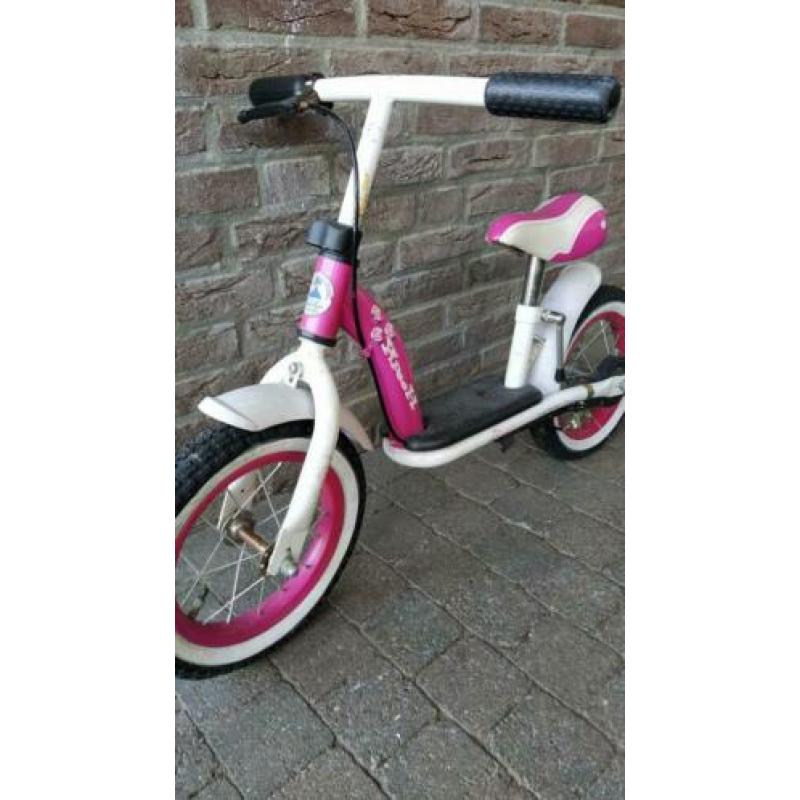 Loopfiets roze wit met verstelbaar zadel en handrem 12 inch