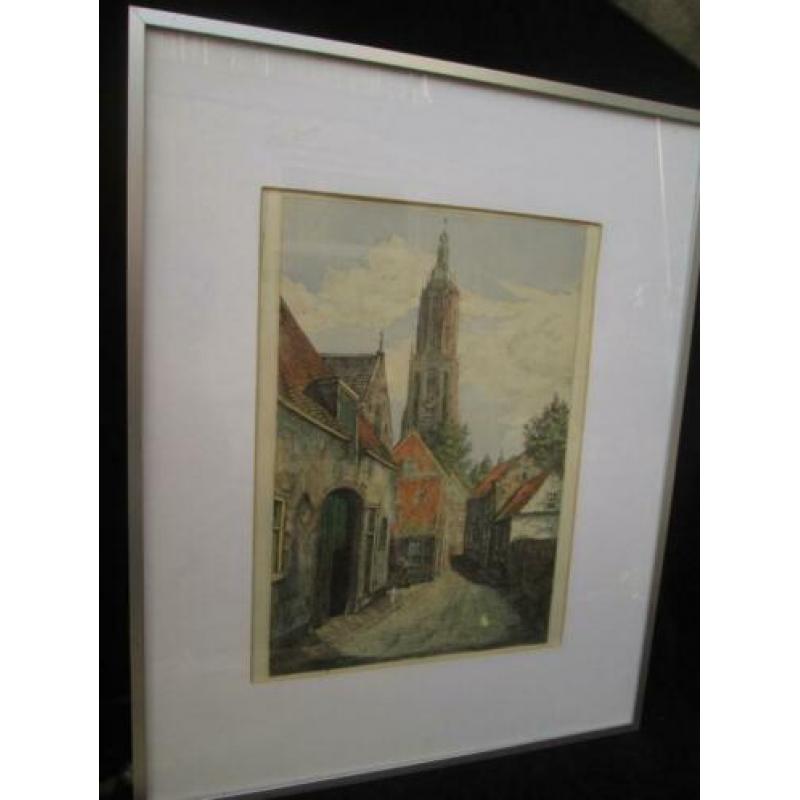Gekleurde Ets van de Cunerakerk te Rhenen 60,5 x 48,5