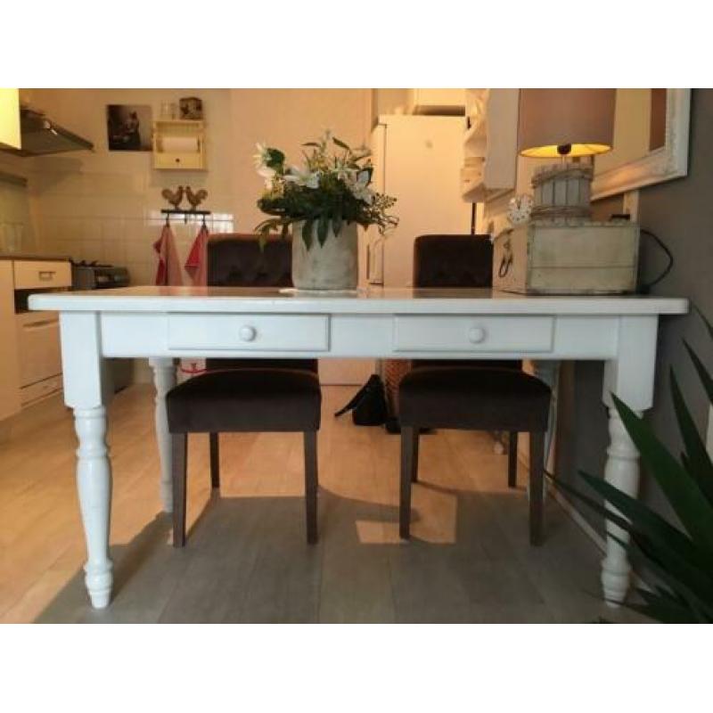 Witte Landelijke Eettafel 1.50x80, Brocante Eettafel, grenen