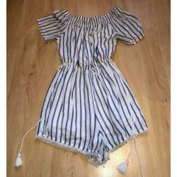 Bershka jumpsuit wit blauw XS