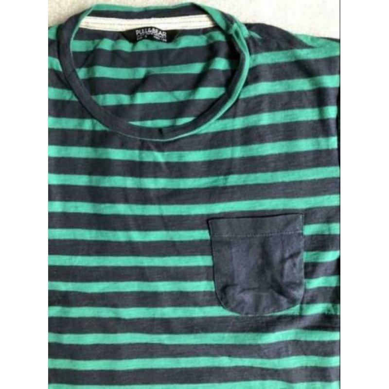 Maat s - pull & bear - blauw / groen gestreepte tshirt