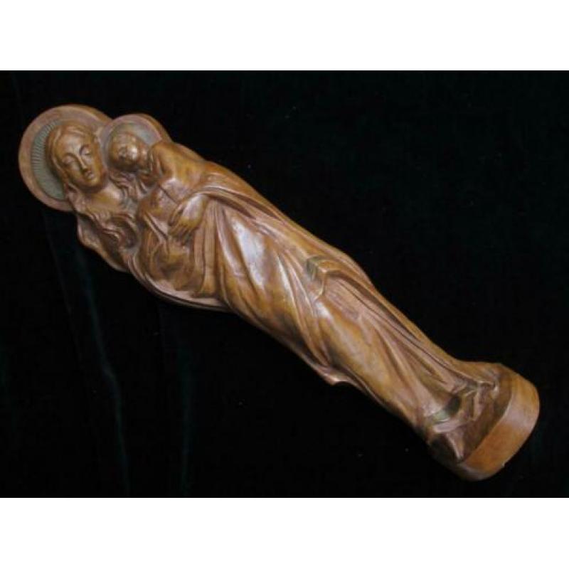 Houten Gestoken Beeldje Maria met Kind Wanddecoratie 31,5 cm