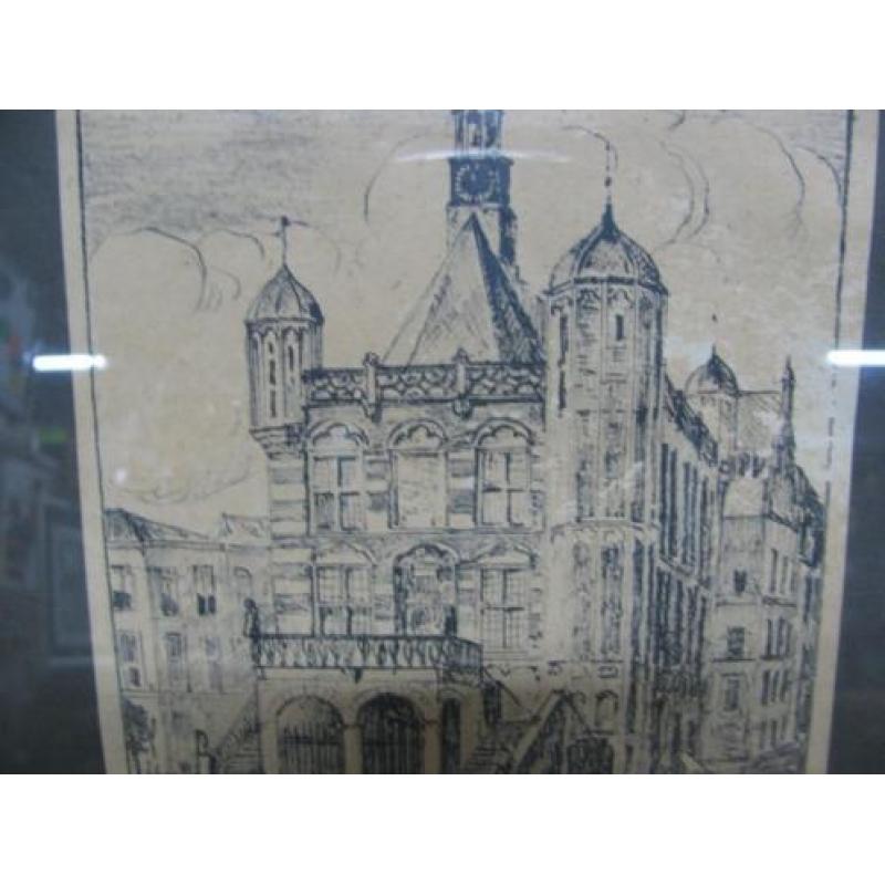 Antieke tekening de Waag Deventer gesigneerd