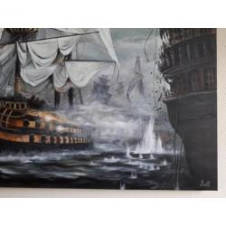 80x120cm schilderij Zeeslag / klassiek modern kleurrijk