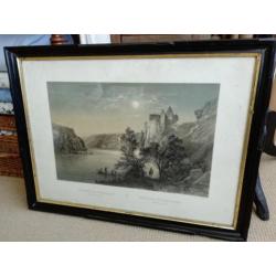 Franse prent met rivierlandschap, frans schilderij