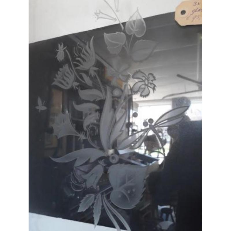 3 x antieke deur met geëtst glas bloemen in glas