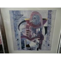 Groot abstract schilderij in zilvergrijze lijst