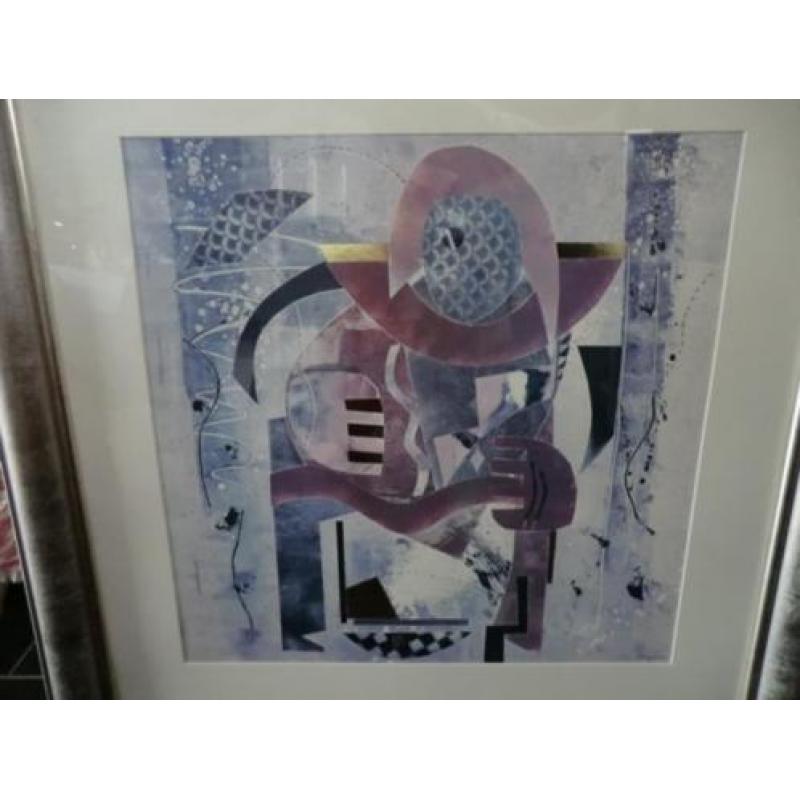 Groot abstract schilderij in zilvergrijze lijst