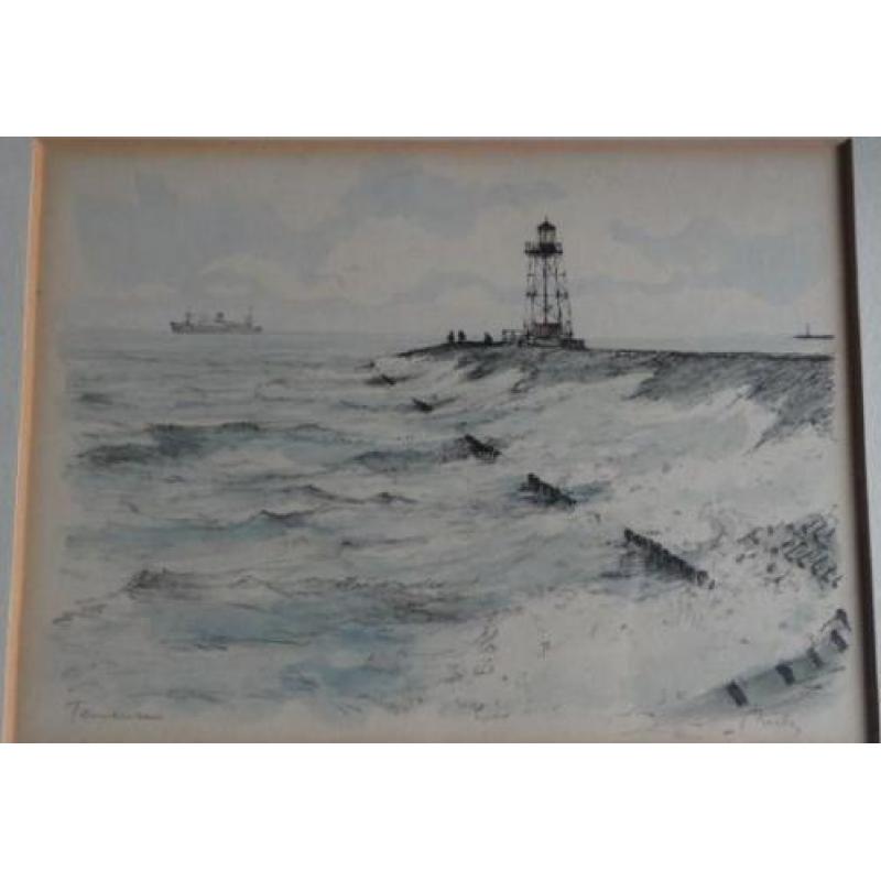 AQUAREL * TERNEUZEN DAM MET VUURTOREN * Gesigneerd *