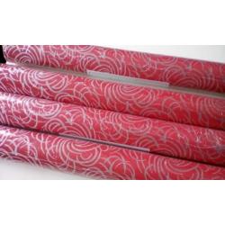 6 rollen behang, Rood met zilveren krullen, vinyl afwasbaar