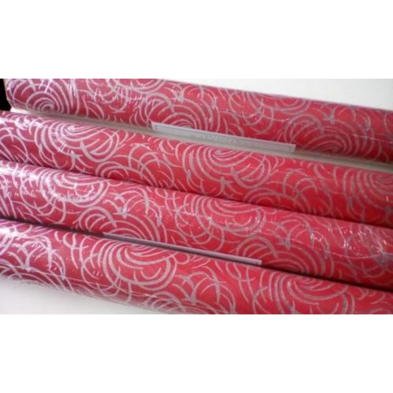 6 rollen behang, Rood met zilveren krullen, vinyl afwasbaar